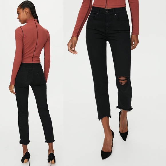 Ripped high rise straight leg crop raw hem jeans Clearance